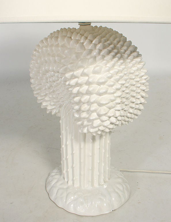 Pair of Sculptural White Ceramic Lamps, circa 1960's. They actually depict a tower of asparagus stalks, but their form blurs into a textural sculpture. The lamps measure 31