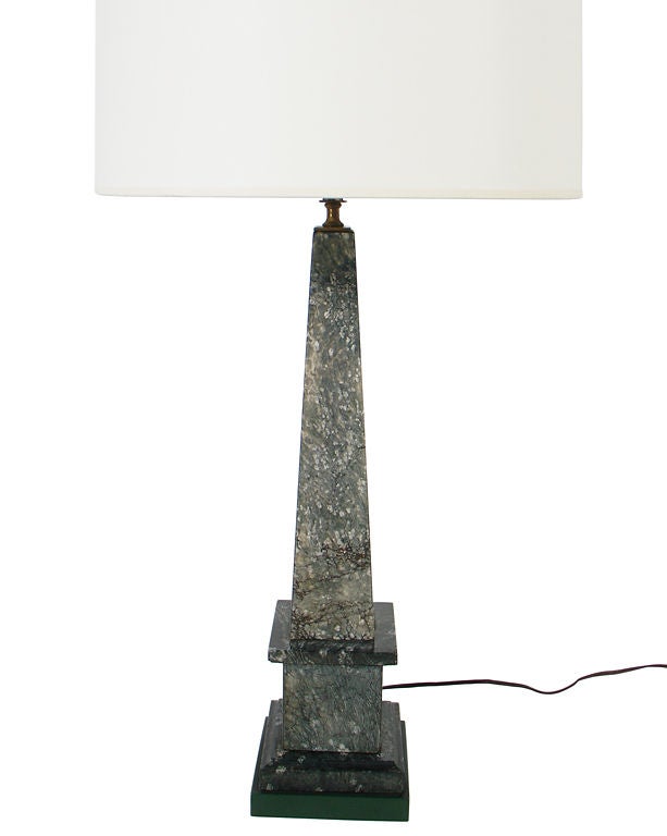 Elegant Marble Obelisk Lamp, American, circa 1940's. Chic charcoal gray color marble obelisk with deep forest green color base, believed to be catalin. It is an impressive size, measuring 40.75