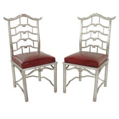 Retro Pair of Tall Silver Leaf Asian Fretwork Accent Chairs