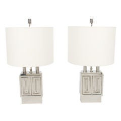 Vintage Pair of Nickel Plated 1940's Lamps - Greek Key Design