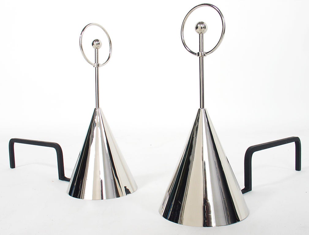 Nickel Plated Cone Andirons, probably American, circa 1940's. Sleek sculptural form. Recently replated and ready to go.