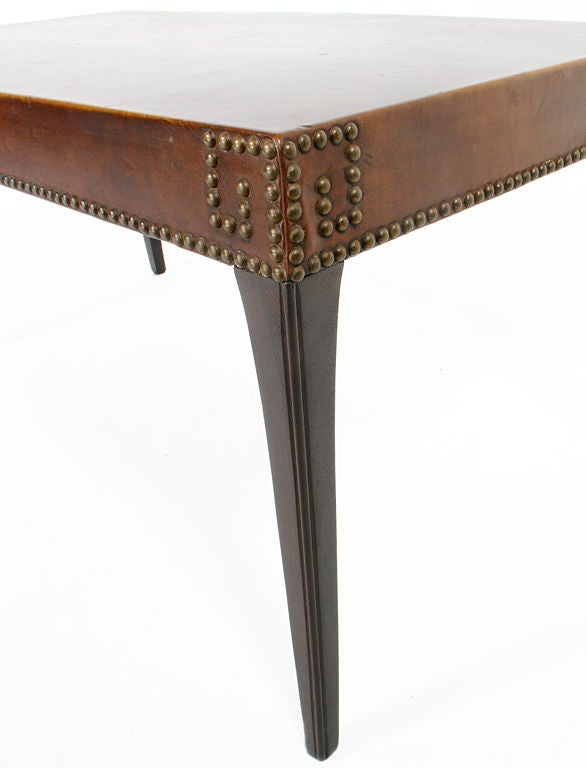 American 1940's Leather Coffee Table with Brass Nailhead Greek Key Trim