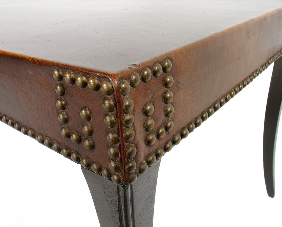 Mid-20th Century 1940's Leather Coffee Table with Brass Nailhead Greek Key Trim