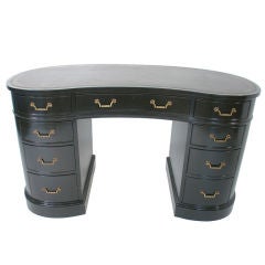 Black Lacquered Kidney Shaped Desk with Greek Key Leather Top