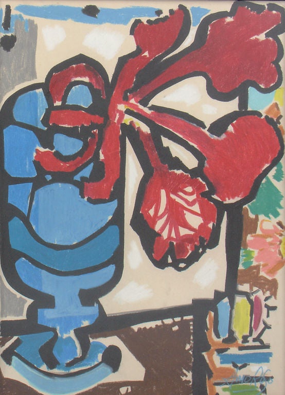 Vibrant Modernist Still Life, by Jack Amoroso, circa 1960's. It is believed to be executed in pastels on heavy artist's paper. Professionally framed in black lacquered wooden frame. Amoroso has had a diverse and prolific career. Around the time this