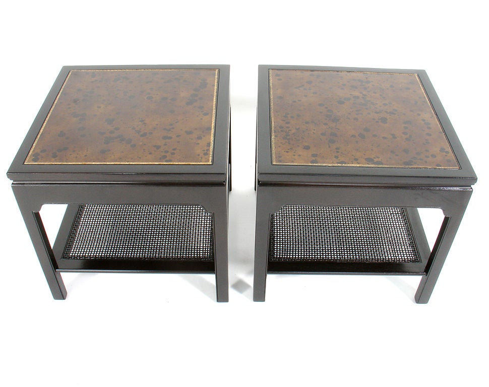 American Pair of Kittinger Tables with Faux Tortoise Leather Tops