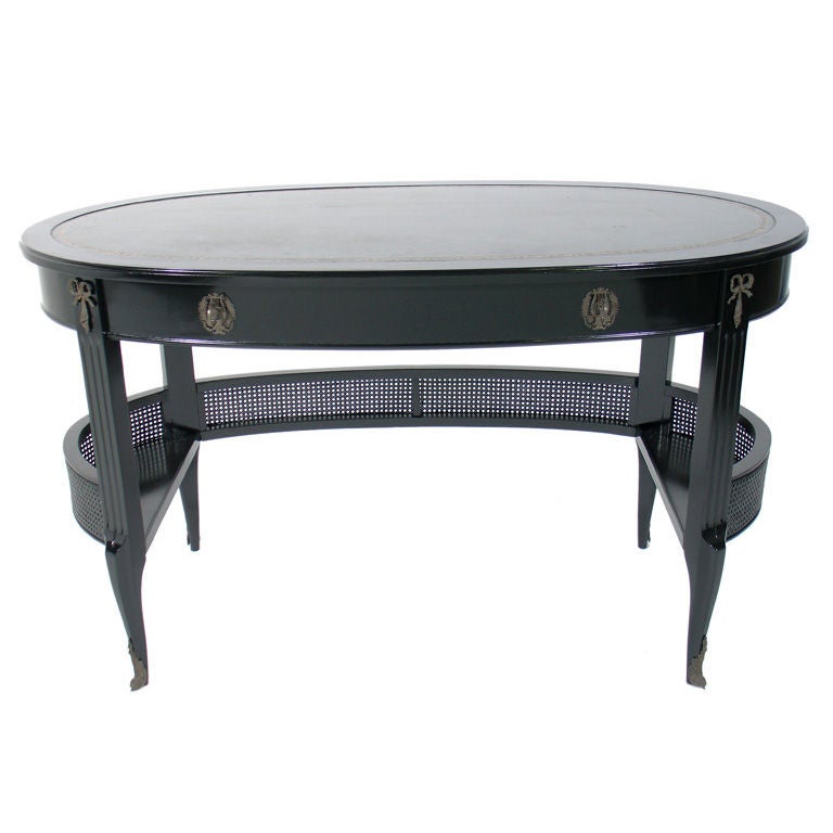 Elegant Black Lacquer Oval Desk with Bronze Hardware