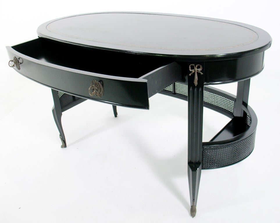 Mid-20th Century Elegant Black Lacquer Oval Desk with Bronze Hardware