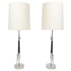 Vintage Pair of Sleek Nickel and Wood Lamps