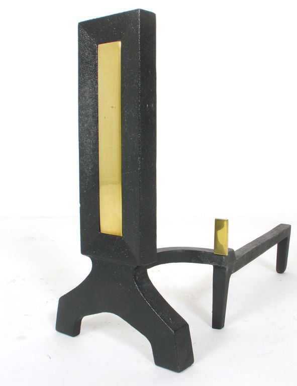 American Clean Lined Brass and Iron Andirons For Sale