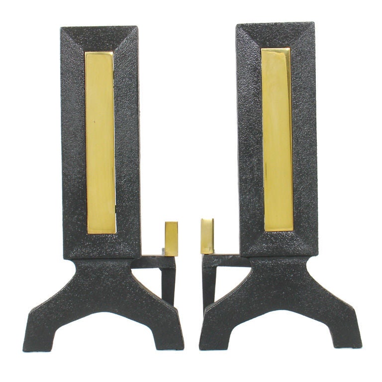 Clean Lined Brass and Iron Andirons