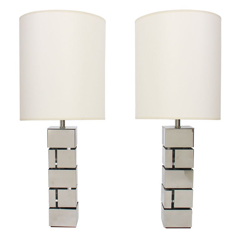 Pair of Geometric Chrome Lamps For Sale