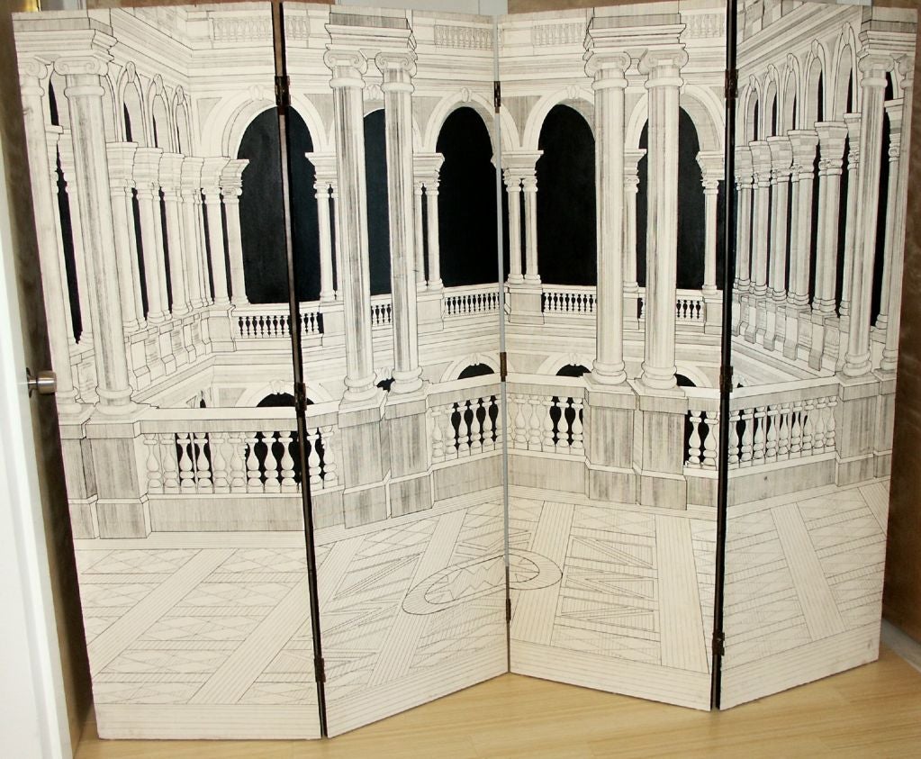 Exceptionally well executed Trompe L'oeil black and white four panel screen or room divider. The image gives a 3 dimensional perspective of arches, columns and balustrades. Possibly a custom piece, one of a kind. Reverse side is painted plain matte