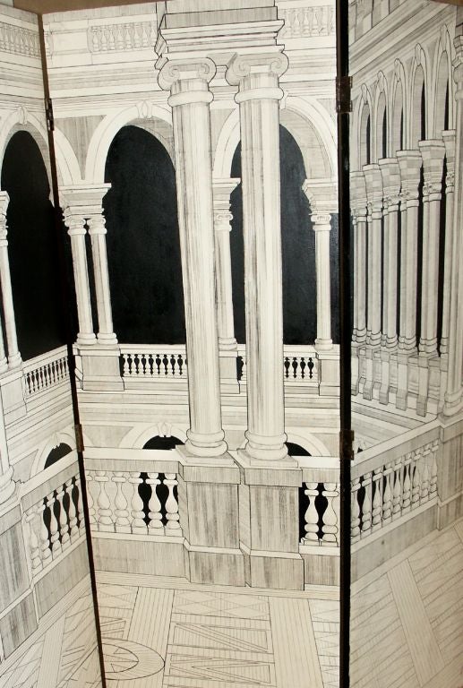 Unknown Architectural Trompe L'oeil Painted Room Divider Screen For Sale