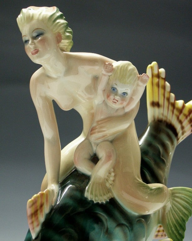 Mid-20th Century Art Deco Italian Porcelain Mermaid with Baby on Fish Sculpture For Sale