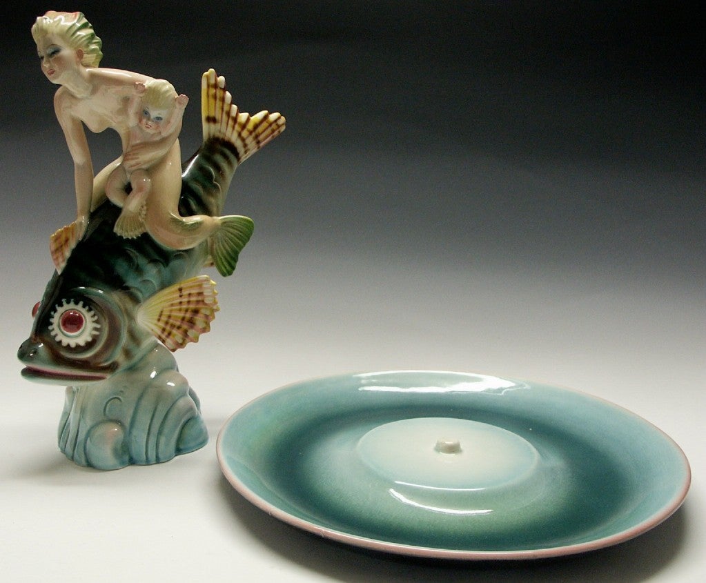 Art Deco Italian Porcelain Mermaid with Baby on Fish Sculpture For Sale 1