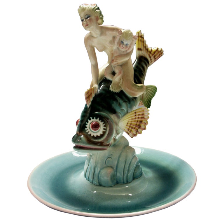 Art Deco Italian Porcelain Mermaid with Baby on Fish Sculpture For Sale
