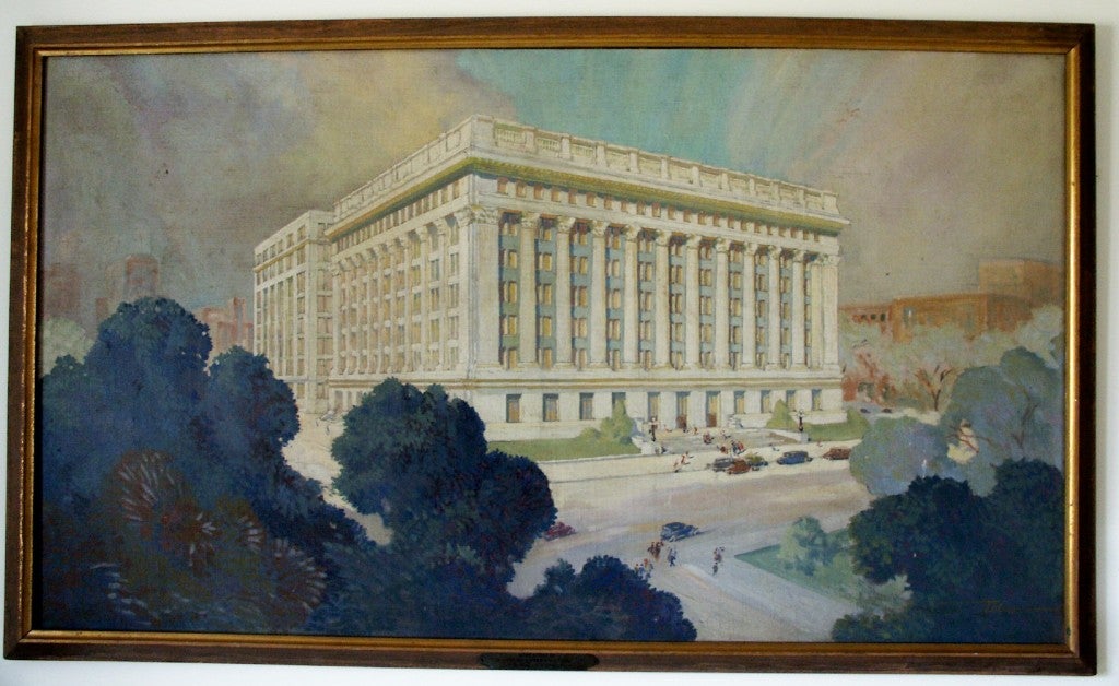 This is a monumental painting of The North Western Mutual Life Insurance Company head quarters located in  Milwaukee, Wisconsin. This painting is an oil on board & is in the original painted gold wooden frame. Signed at the lower right 