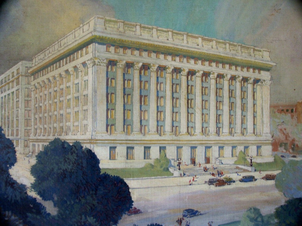 Mid-20th Century Monumental Original Architectural Oil Painting For Sale