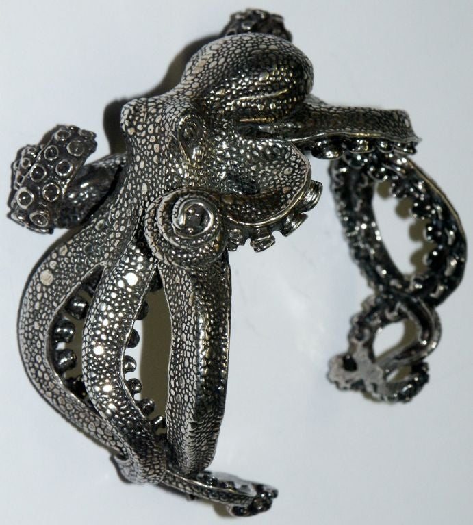 Mid-20th Century Bracelet Cuff Sterling in Octopus Form Surreal Amazing Detail For Sale
