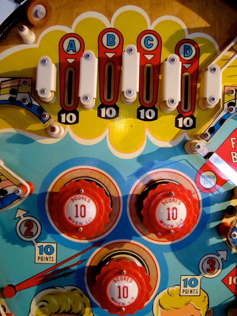 1950's pinball machine, carefully sized down to a beautiful piece of artwork.  Original, vintage graphics. Quircky and fun. Adds a pop of color to any decor.  game on