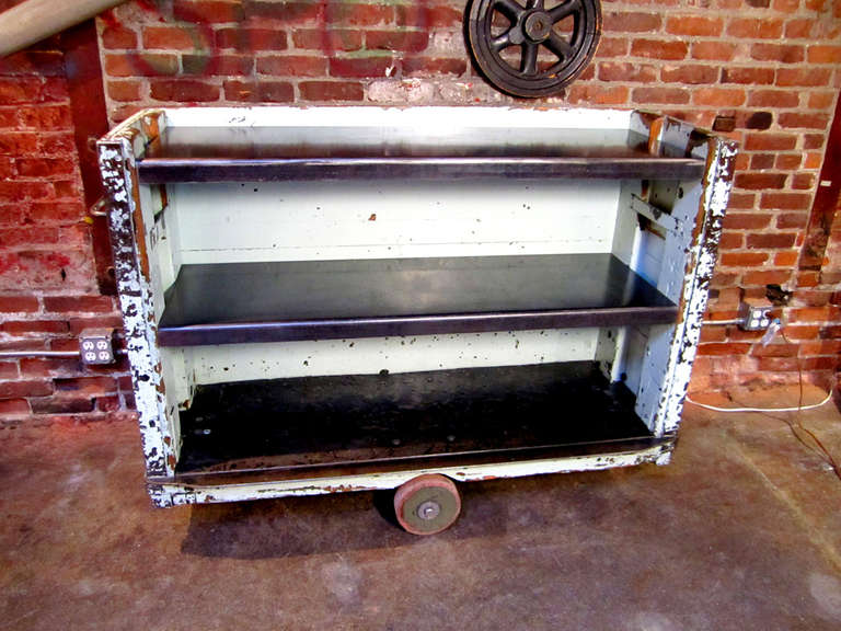 Industrial, Factory Cart used in a lumber mill to move wood product around the shop.  Before that, in a print shop, and before that, is anyone's guess.  Lots of history.   Perfect amount of patina with custom steel shelves.  Use for media room,
