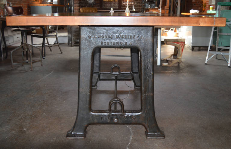 Beautifully finished, maple top, easily bolts to these over sized, cast iron, machine legs. Use for island, work table, dining, retail, or restaurant. Show stopper in any setting.