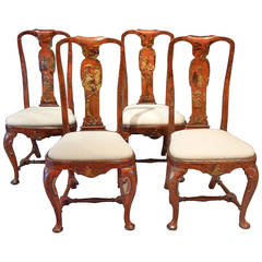 Rare Queen Anne Period 18th Century Red Lacquered Side Chairs