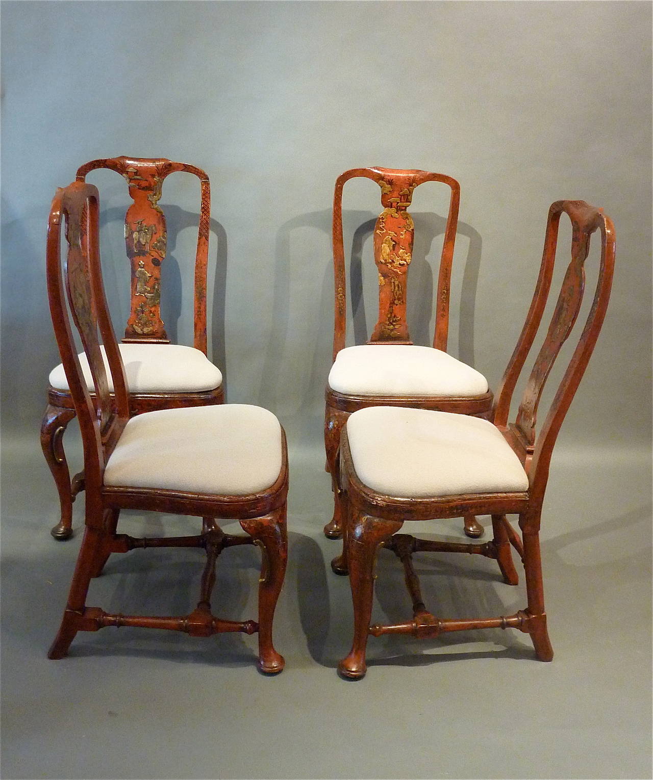 English Rare Queen Anne Period 18th Century Red Lacquered Side Chairs