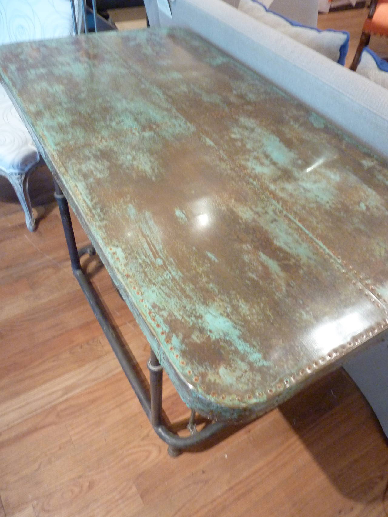 Unusual Industrial Steel Table with Patinated Copper Top In Good Condition In Middleburg, VA