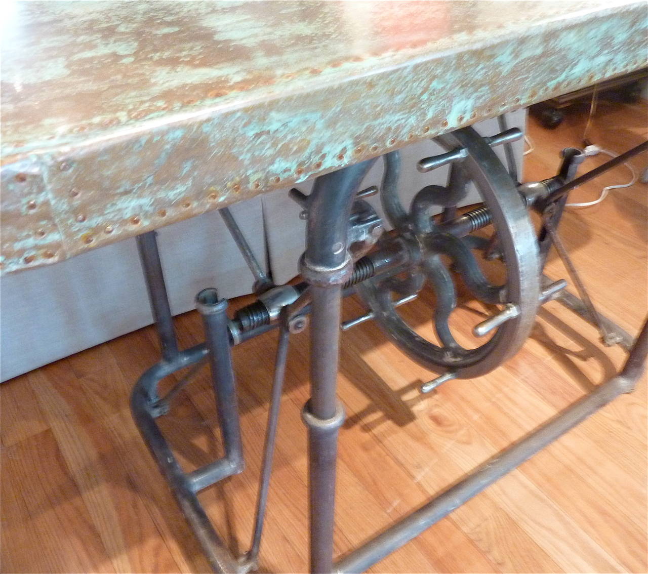 Forged Unusual Industrial Steel Table with Patinated Copper Top