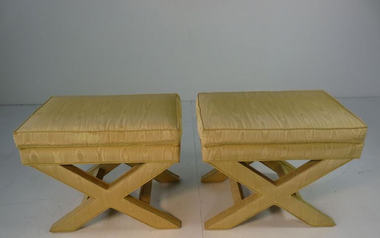 Pair of vintage yellow silk X stools. 