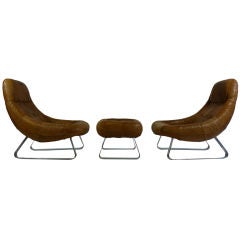 Pair Of Leather Lounge Chairs And Ottoman By Percival Lafer