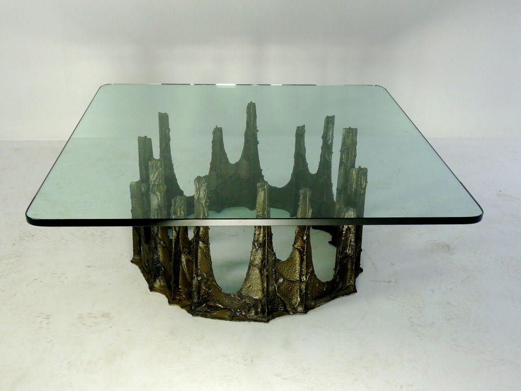 Paul Evans sculpted bronze coffee table with glass top.  Signed 
