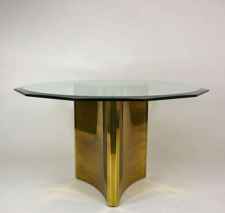 Mastercraft Pedestal Dining Table with uniquely shaped beveled glass top.
