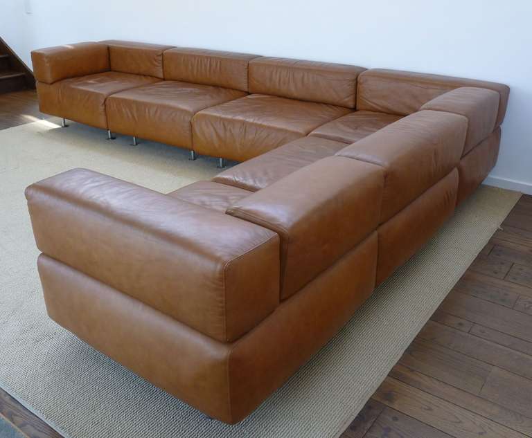 Harvey Probber leather sofa. Six sections.  Vintage leather.  Sofa was a gift from Probber to original owner.