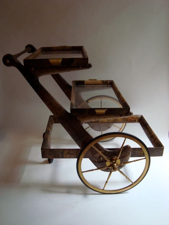 Italian Aldo Tura Lacquered Goatskin Bar Cart