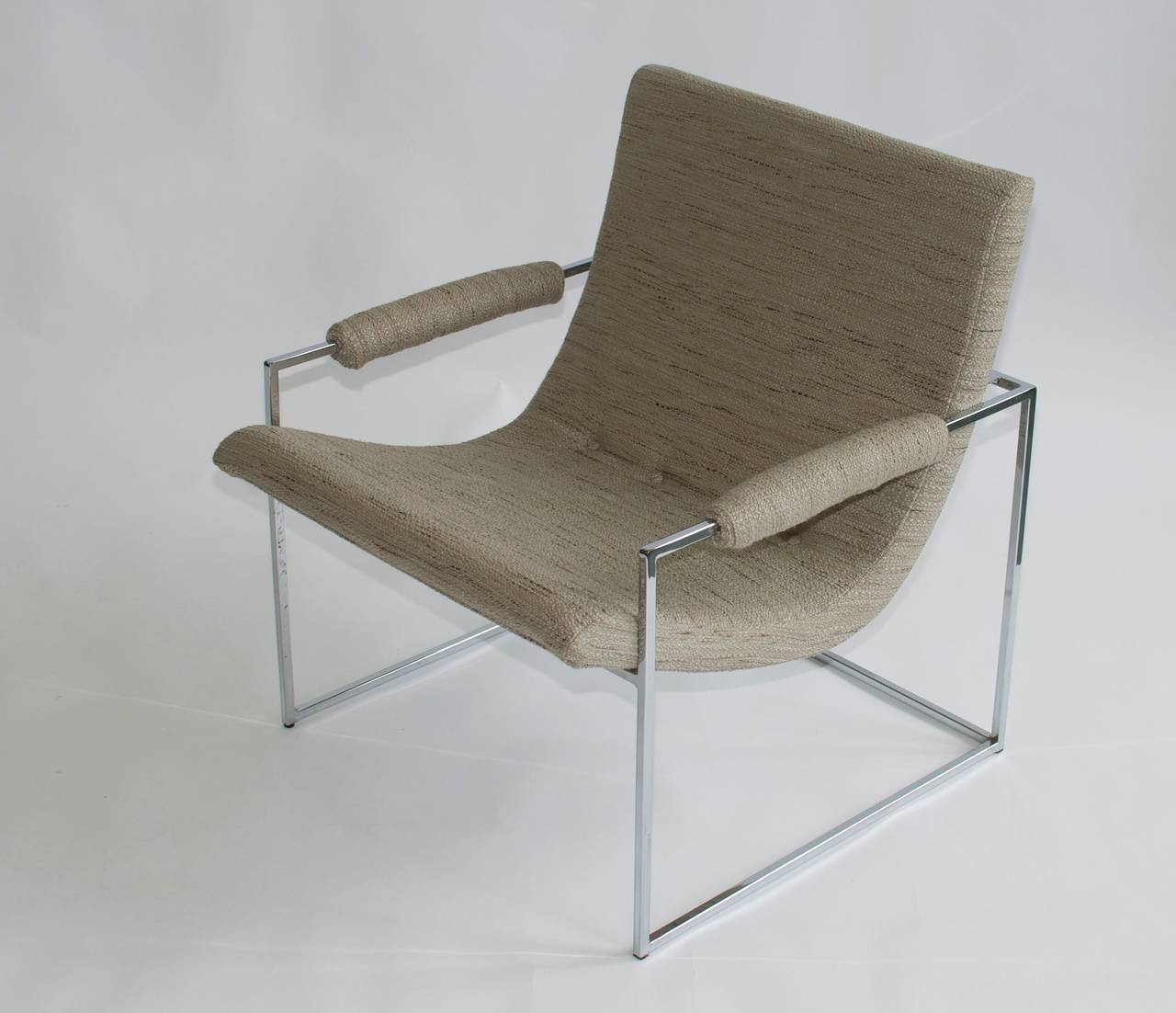 Pair of Petite Milo Baughman chrome lounge chairs. Newly upholstered. Knoll fabric.