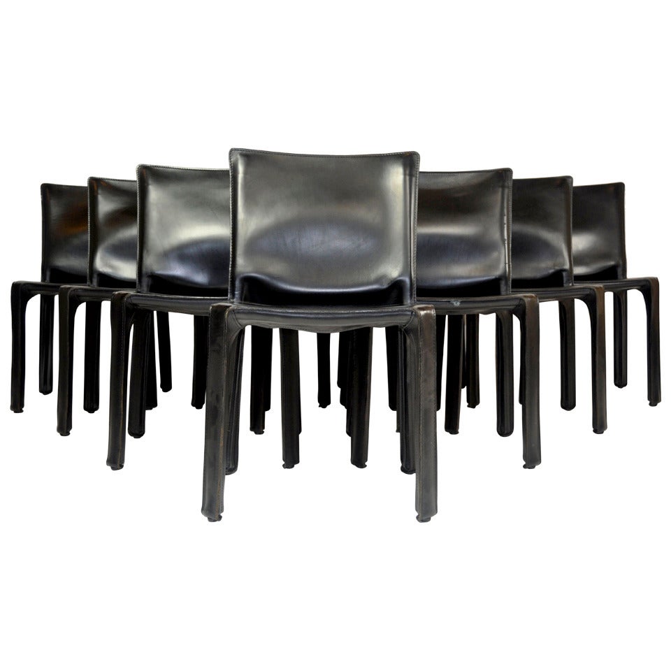 Set of Ten Black Leather "Cab" Chairs by Mario Bellini for Cassina