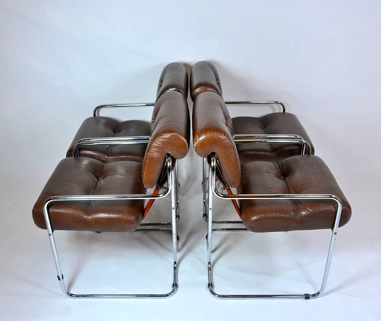 Mid-Century Modern Set of Four Leather Dining Tucroma Chairs by Pace