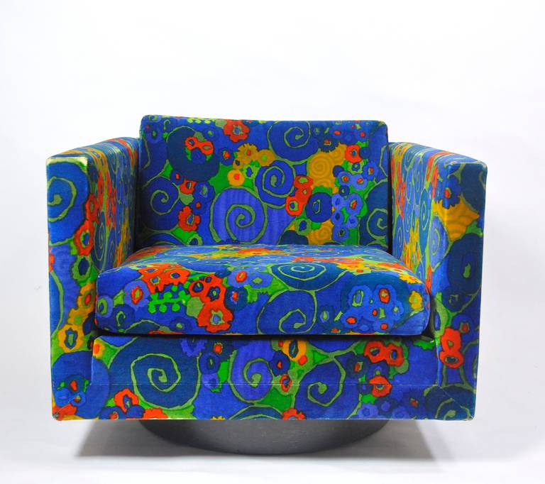 Harvey Probber swivel cube lounge chair with original Jack Lenor Larsen fabric.