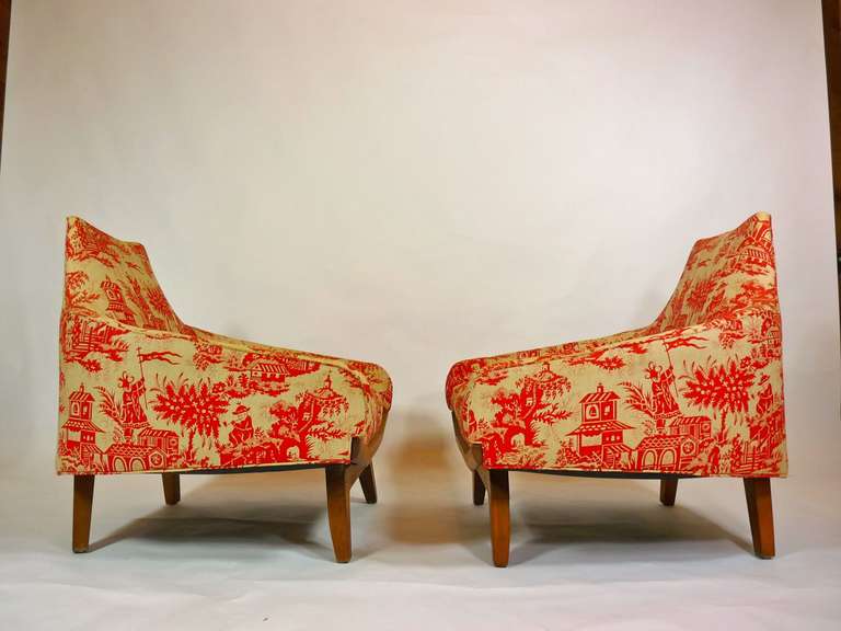 Mid-Century Modern Pair of Mid Century Lounge Chairs with Vintage Chinoiserie Fabric