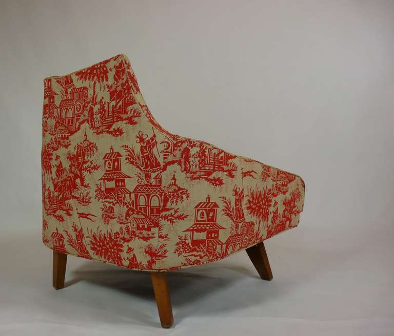 Pair of Mid Century Lounge Chairs with Vintage Chinoiserie Fabric In Good Condition In Turners Falls, MA