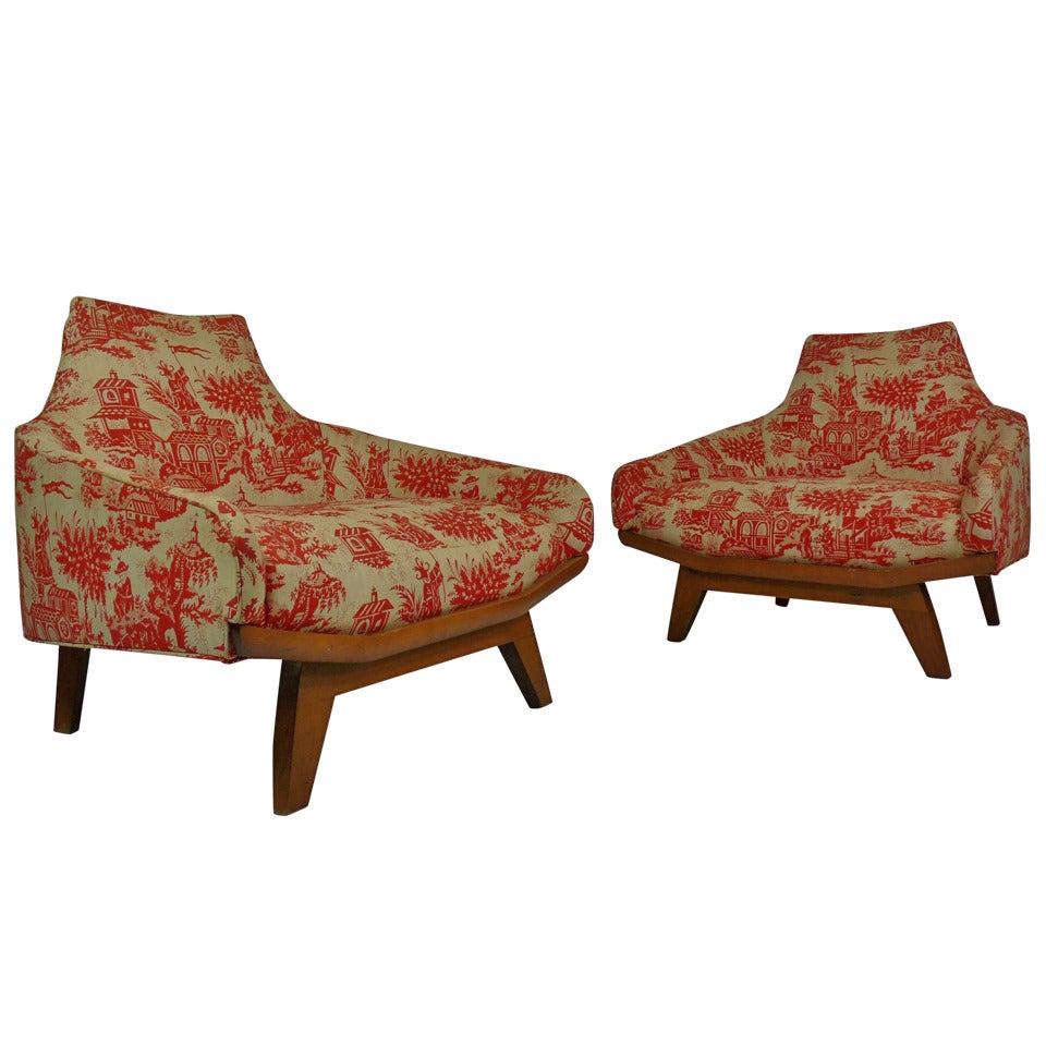 Pair of Mid Century Lounge Chairs with Vintage Chinoiserie Fabric