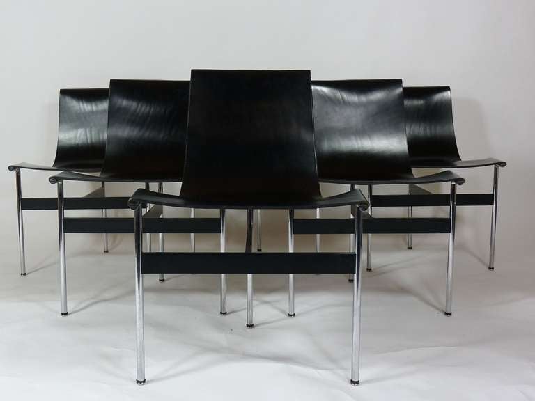 Set of six leather dining chairs by Katavolos, Littell & Kelley for Laverne International.
Matching table available.