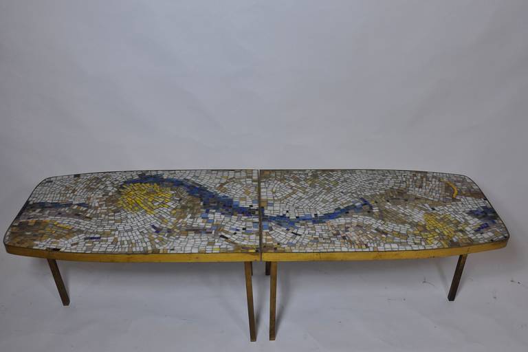 Mosaic tile-top coffee tables. Two section. Brass frame.