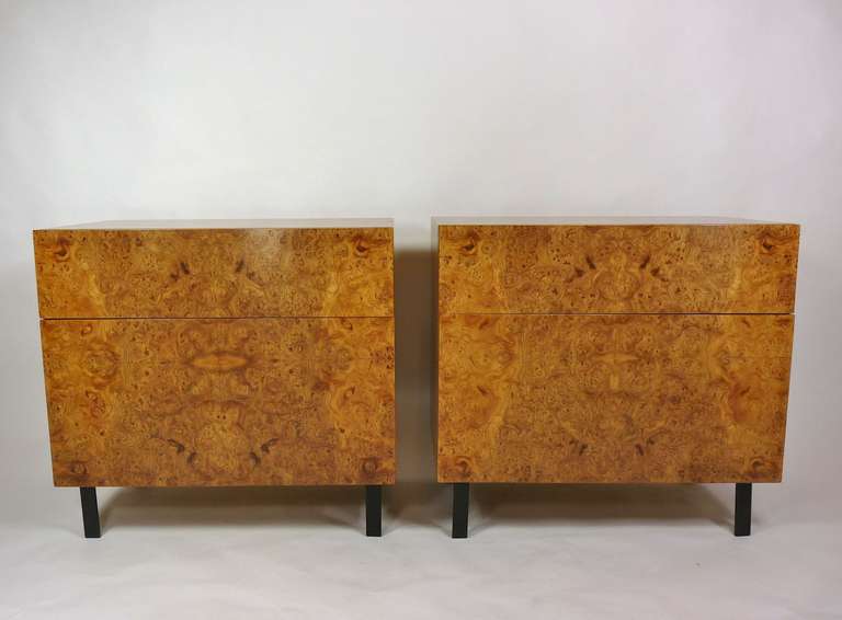 Pair Burl Wood dressers with metal legs. Two drawers.