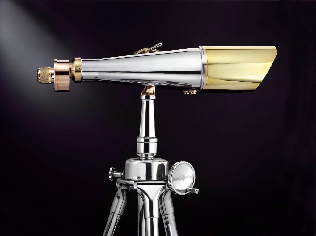 An immaculate set of signed Imperial Japanese Navy aircraft carrier bridge binoculars, with pristine optics, mounted on a fully adjustable tripod.