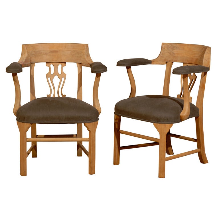 Set of Two Irish Mahogany Captain's Chairs with Belgian Linen
