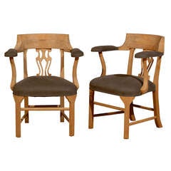 Antique Set of Two Irish Mahogany Captain's Chairs with Belgian Linen